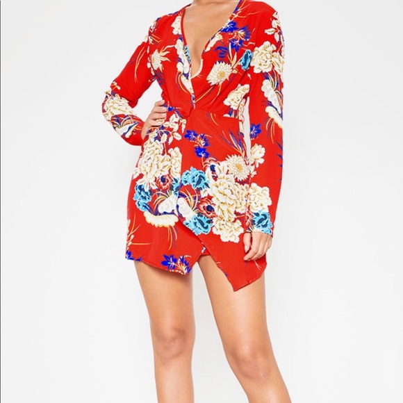 Red Floral long sleeve wrap dress from PLT available in size 0 - Picture 5 of 8